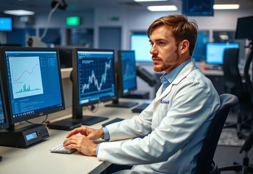 Científico en bata blanca analizando datos de investigación