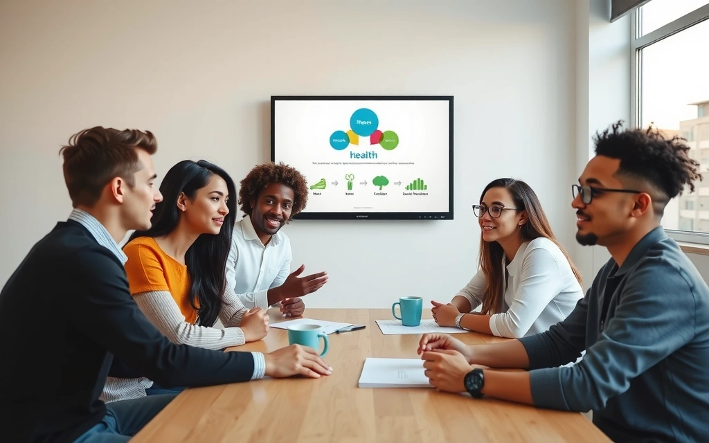 Un grupo de fundadores de Vitaminasnaturale discutiendo ideas en una oficina moderna y luminosa