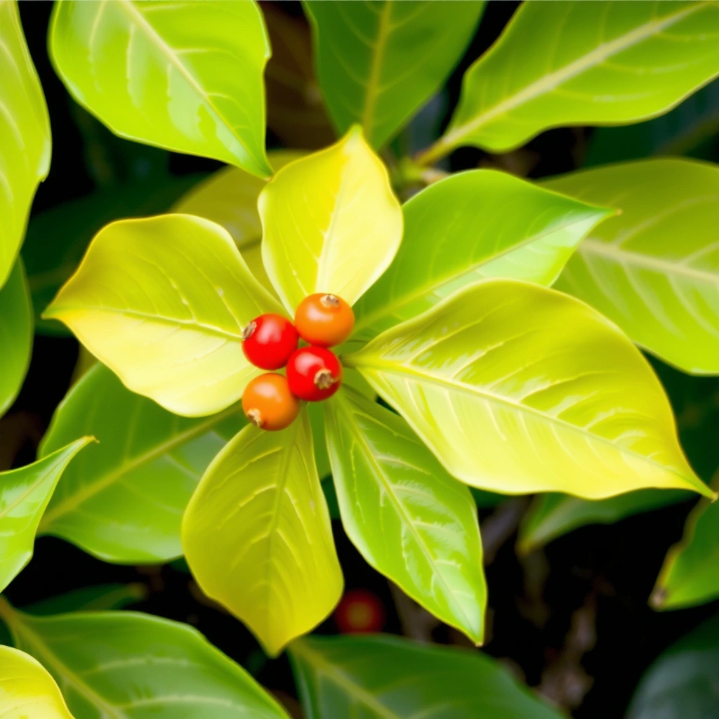 Hojas verdes brillantes de Ashwagandha y sus pequeñas bayas rojas, en un entorno natural que sugiere calma y adaptabilidad.
