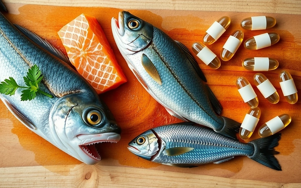 Pescados grasos frescos como salmón y sardinas, junto a cápsulas de aceite de Omega-3, sobre una tabla de cortar de madera.