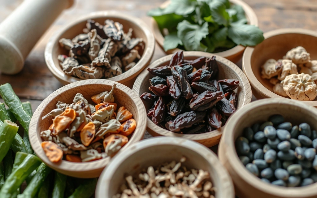 Variedad de hierbas medicinales secas y frescas en cuencos de madera, con mortero y mano de almirez, en un ambiente rústico.