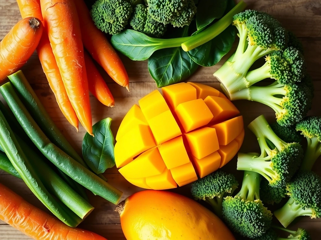 Alimentos ricos en Vitamina A como zanahorias, batatas, mangos y hojas verdes.